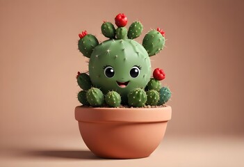 Cute happy cactus in a pot, neutral pastel backgorund, blank background, icon, sample