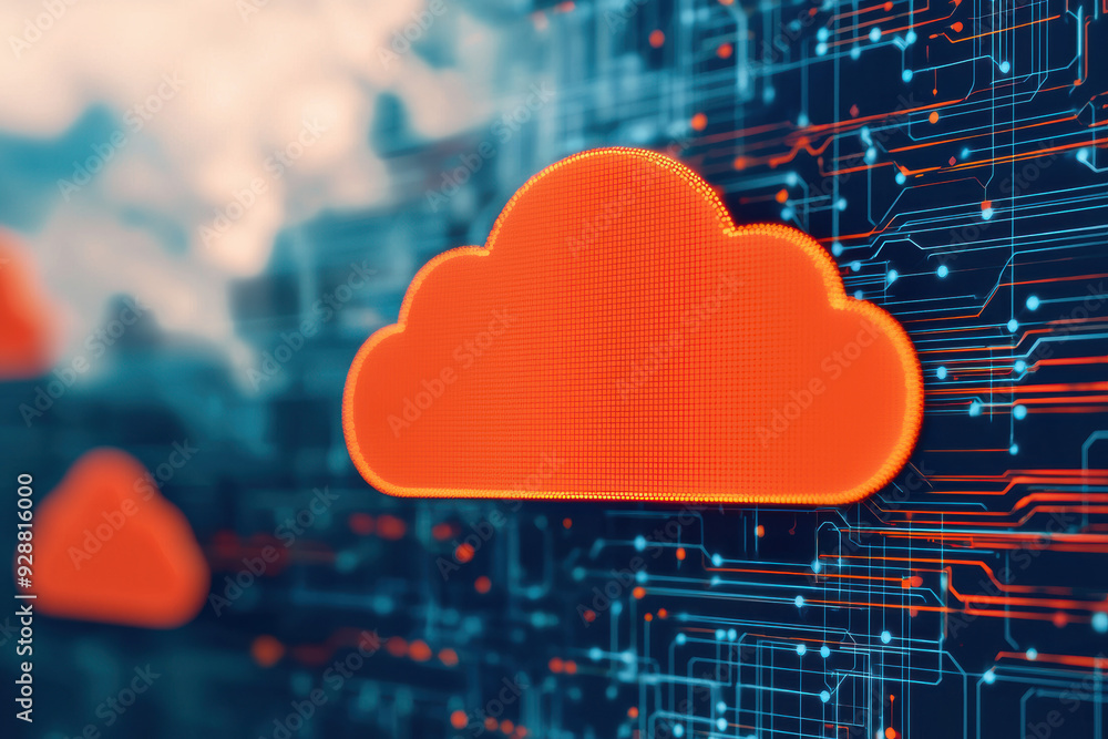 Poster abstract image of a red cloud icon amidst a digital circuit board background symbolizing cloud compu