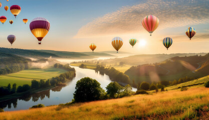 Obraz premium Hot Air Balloons Over a Serene Countryside at Sunrise