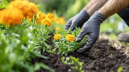 A man is planting flowers in a garden