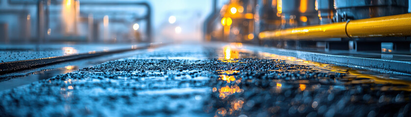 Industrial setting with wet surface and vibrant lighting, showcasing machinery and infrastructure elements in a modern factory environment.