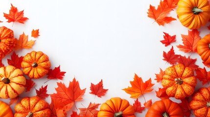 autumn border composition, vibrant orange pumpkins, red and orange maple leaves, white background, copy space for text, flat lay design, fall harvest theme.