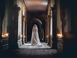 Ghostly bride in decaying mansion hallway