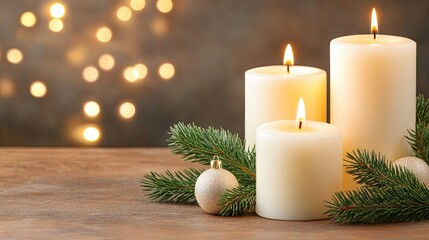 Warm candles illuminate a festive church on Christmas Eve with sparkling lights and a charming bokeh backdrop