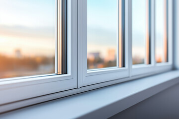 Fototapeta premium Close-up of modern white window frame with sunrise view, capturing the peaceful morning light and urban skyline in the background.