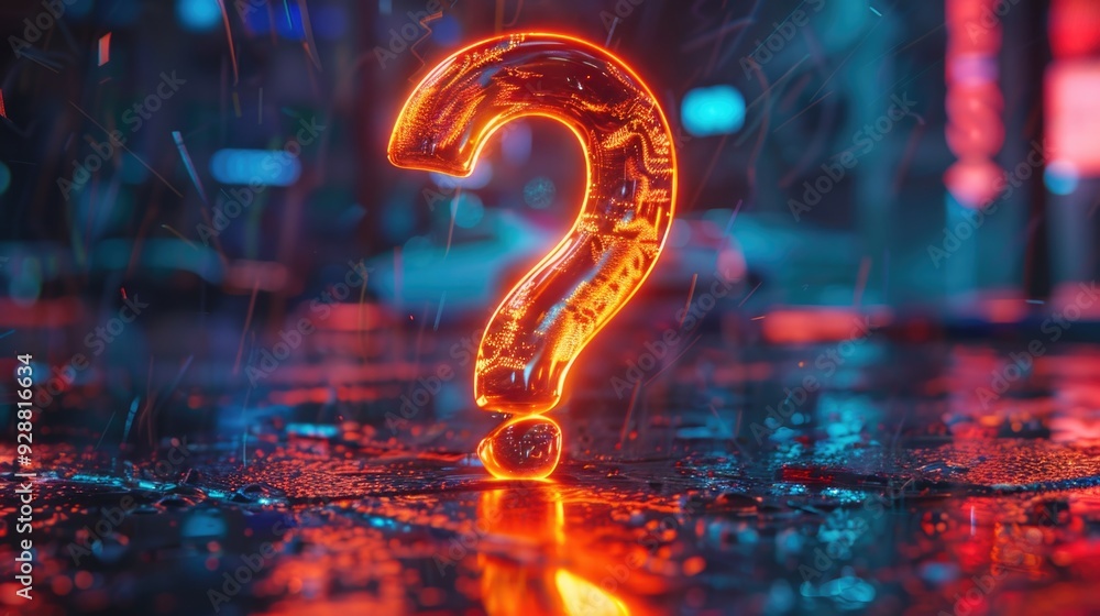 Poster a glowing question mark on a wet surface, great for questioning concepts or highlighting uncertainty