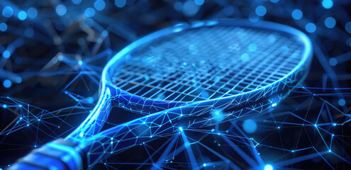 Close-up of a futuristic neon tennis racket with a glowing digital network background. Concepts of technology, sports innovation, and digital transformation in athletics.