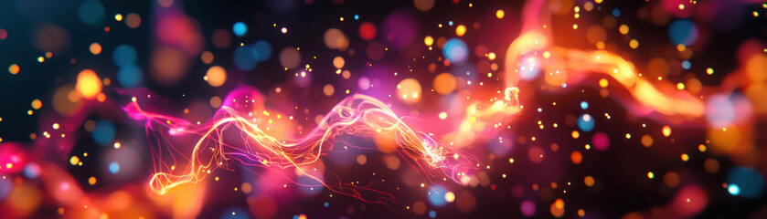 Vibrant abstract background with colorful light trails and bokeh effect, depicting energy and motion in a dynamic digital art composition.