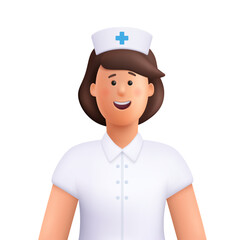Female nurse in white uniform with medical cross symbol. Medicine and healthcare concept. 3d vector people character. Cartoon minimal style.