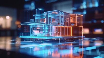 A futuristic, transparent architectural model showcasing modern design elements.