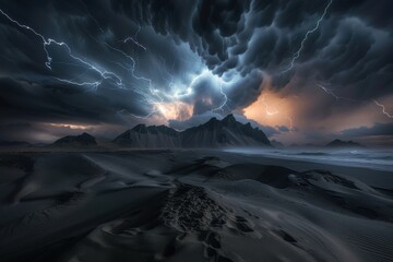 Dramatic Lightning Storm Over Mountainous Black Sand Beach