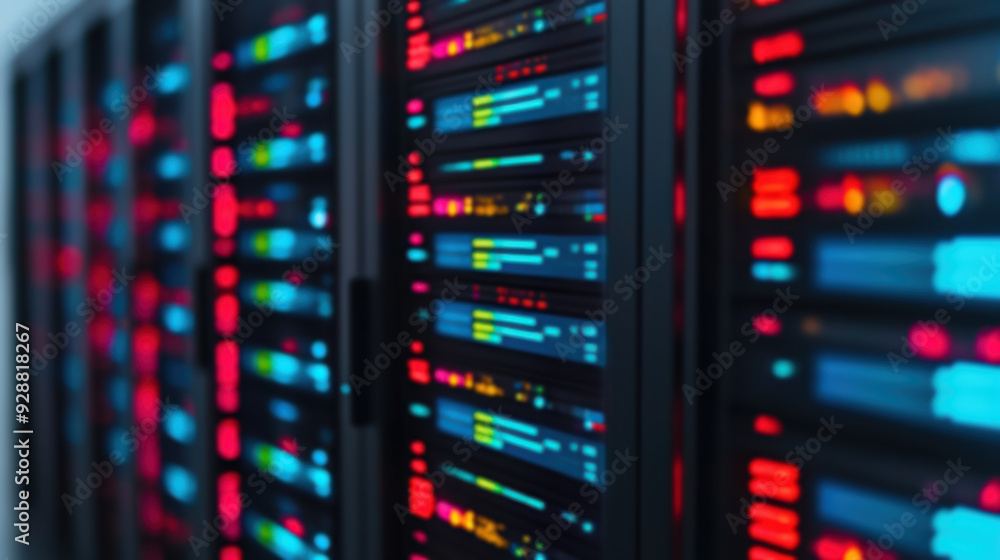 Poster blurred server racks with colorful led lights in data center, showcasing advanced technology and vib