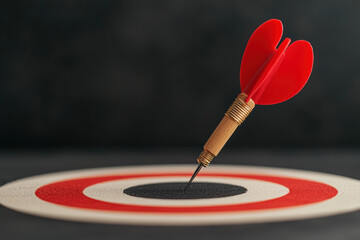 Fototapeta premium Close-up of a red dart hitting the bullseye on a dartboard, symbolizing accuracy, focus, and success in achieving goals.