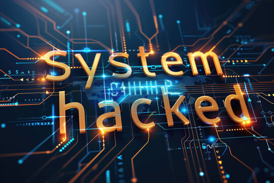 Glowing "System Hacked" text over a futuristic digital circuit board in blue and orange hues. Illustrates cybersecurity breaches, hacking threats, and digital vulnerability.