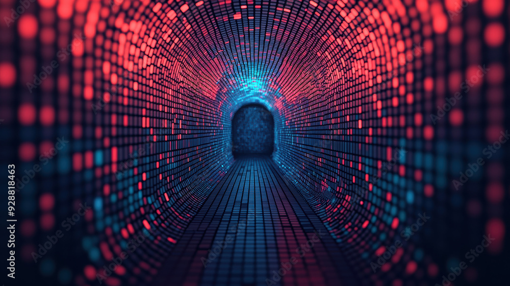 Poster futuristic glowing tunnel with red and blue neon lights, creating an abstract and digital atmosphere