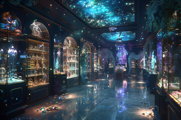 Magical store setting with imaginative elements, featuring enchanted decor in a digital tone, Analogous Color Scheme