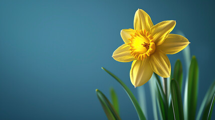 Obraz premium Yellow daffodil on a blue background with ample copy space, photo realistic