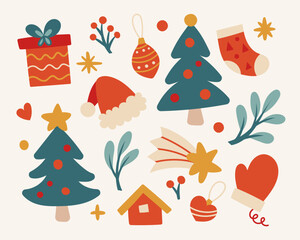 Christmas cute cartoon elements. Set of xmas vector illustrations with tree, gift box, decorations, snowman.