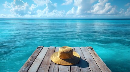 Obraz premium bright summer beach scene, wooden dock or pier, straw fedora hat on wooden planks, vibrant blue sky, crystal clear turquoise ocean, fluffy white clouds.