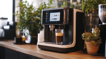 A sleek coffee machine prepares a rich espresso drink at a stylish counter, surrounded by greenery and cozy decor.