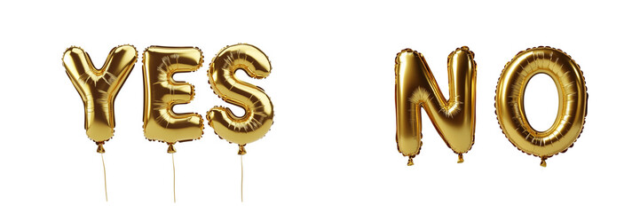 Word YES and NO of Gold foil balloons forming on plain white Transparent background OPEN and Invitation Concept