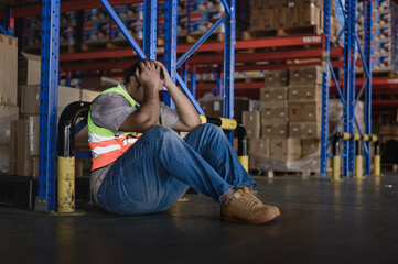Tiredness from hard work concept. Warehouse worker laying on the floor in warehouse after tiring...