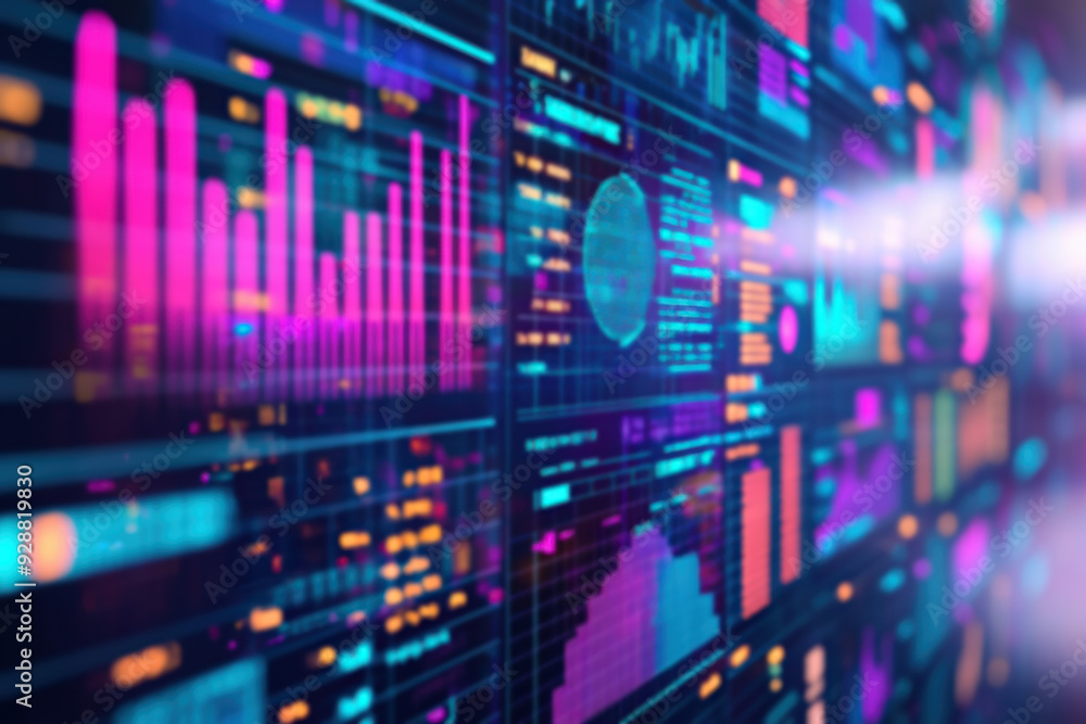 Poster abstract digital display of colorful data charts, futuristic technology background with blurred edge