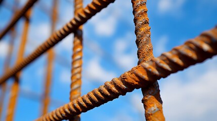 Rusty steel rebar grid, industrial construction material, weathered metal texture, oxidized iron bars, geometric pattern, interlocking reinforcement mesh.
