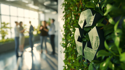 Greenery and eco-friendly recycling symbols adorn a wall in an office meeting room, with business people in the background. A banner promotes ecology and environmental concepts