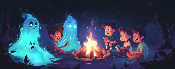 Obraz premium Children telling ghost stories by a campfire at night, surrounded by an eerie forest. Spooky and magical atmosphere in a cartoon style.