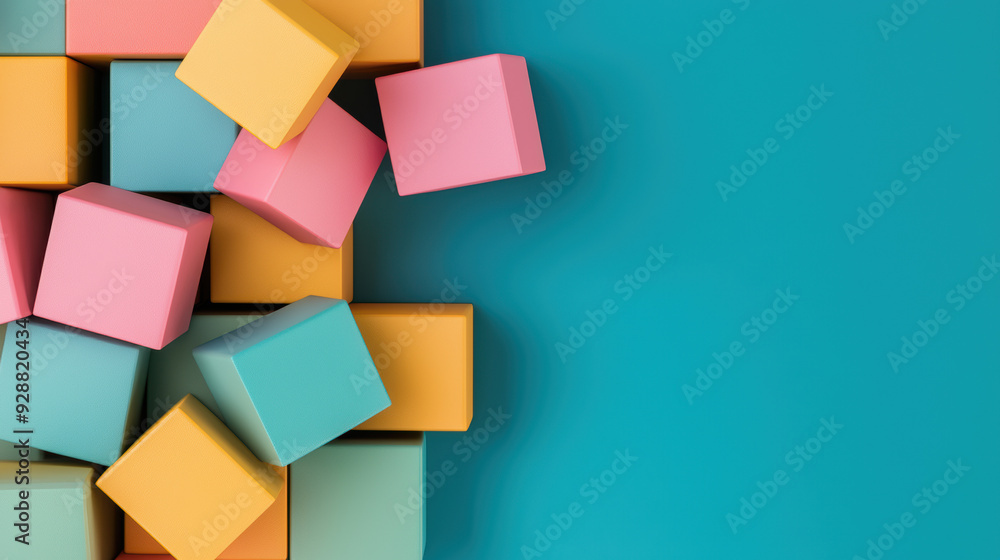 Poster colorful blocks in various sizes and shapes arranged on a teal background, offering a minimalistic a