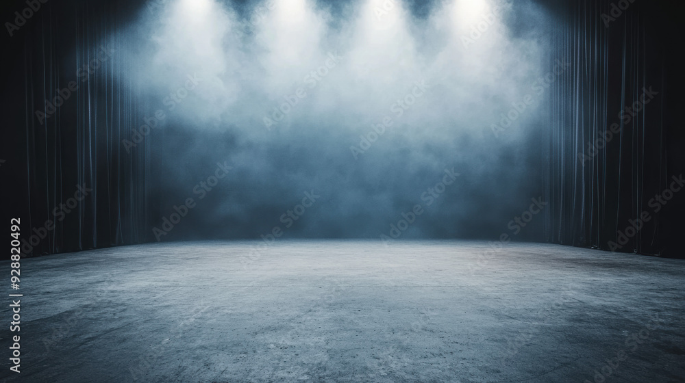 Poster empty dimly lit stage with curtains and spotlights creating a moody atmosphere. ideal for theater, p
