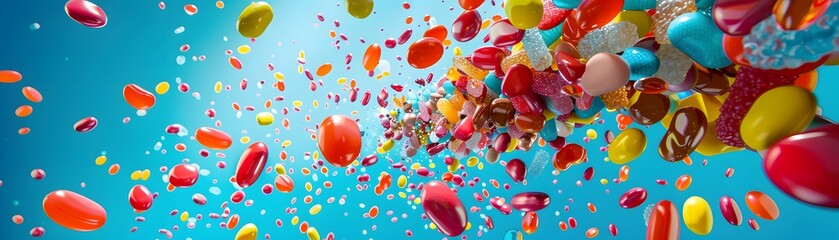 Fototapeta premium Colorful assortment of candies exploding in midair against a bright blue background, showcasing vibrant and festive treats.