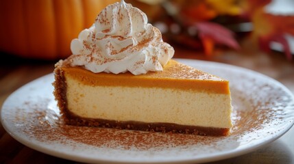A slice of pumpkin cheesecake topped with whipped cream and cinnamon sits on a plate, surrounded by autumn leaves and a pumpkin.