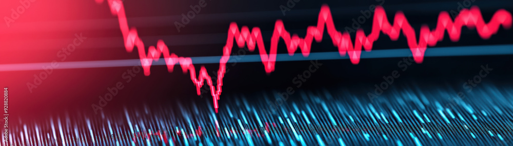 Poster a dynamic red financial graph with fluctuating values on a blue digital background, representing mar