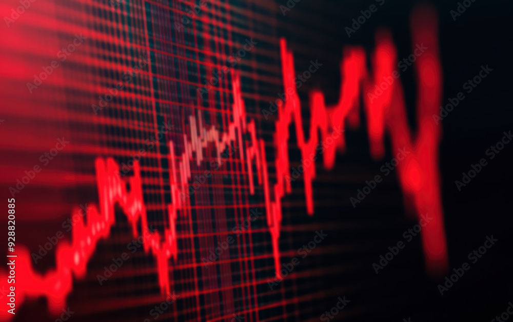 Poster red graph with fluctuating lines on a dark background, symbolizing volatility in data or financial m