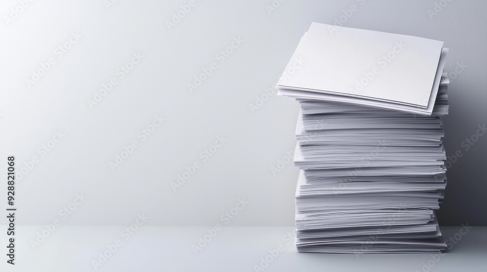 Poster a large stack of white paper sheets organized neatly on a white work surface with a light grey backg