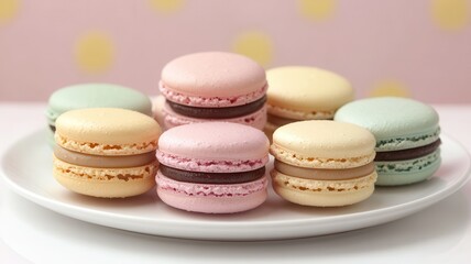 Fototapeta premium A colorful assortment of macarons displayed on a white plate, showcasing delicate textures and vibrant pastel colors.