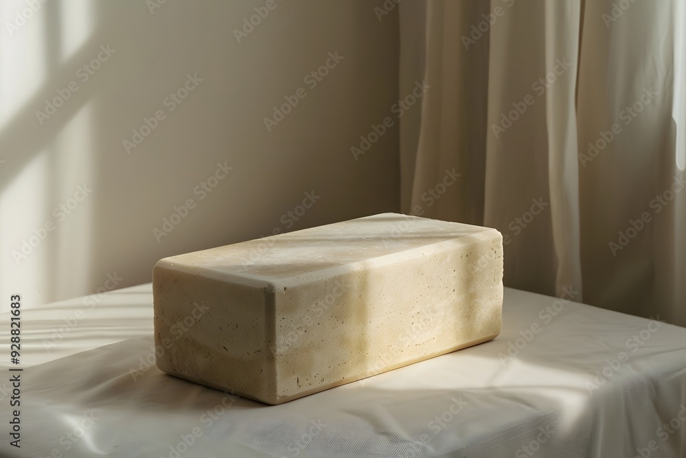 Poster minimalist stone block on a soft surface with natural light