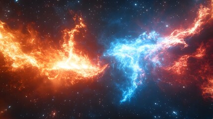 Fototapeta premium Epic cosmic battle, fire and ice collision, blue lightning vs red flames, energy beams clashing, space background, star field, explosive particle effects.