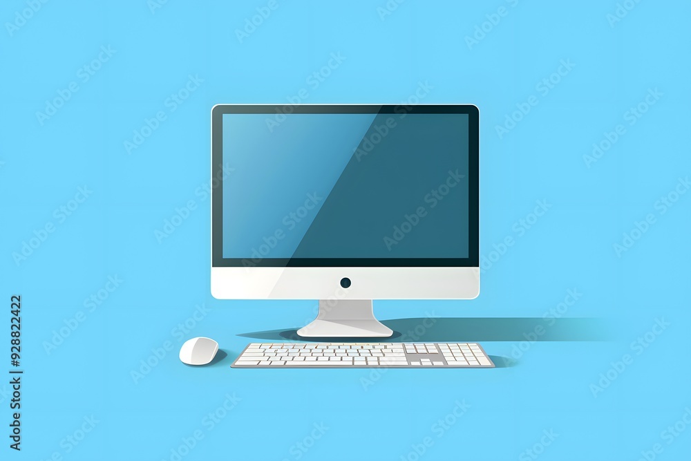 Aufkleber modern desktop computer setup on a bright blue background