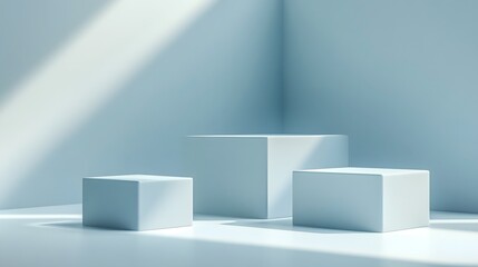 Minimalist geometric composition, three cubic podiums, varying sizes, soft ambient lighting, clean sharp shadows, monochromatic pale blue color scheme.