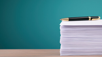 Stack of white papers on wooden desk with a pen placed on top, against a teal background, signifying office work, paperwork, and organization.