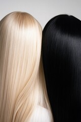 Naklejka premium back view close-up of two women with sleek, straight hair , blonde and black hair for beauty and haircare concepts