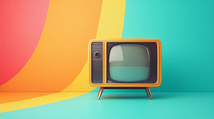 A vintage yellow tv against a colorful retro background wall