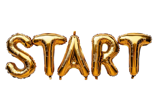 Word START of Gold foil balloons forming on plain white Transparent background OPEN and Invitation Concept