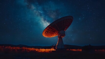 Radio telescope under starry night sky, Milky Way galaxy, large satellite dish, astronomy observatory, copy space for text, dark landscape, scientific equipment.