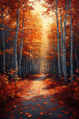 Path leading through autumn forest. Autumn landscape painting. Trees and shrubs in fall colors.