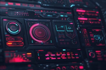 Futuristic Interface with Glowing Red and Blue Displays and Controls