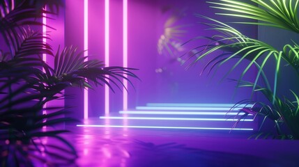 Pink Neon Background with Palm Leaves